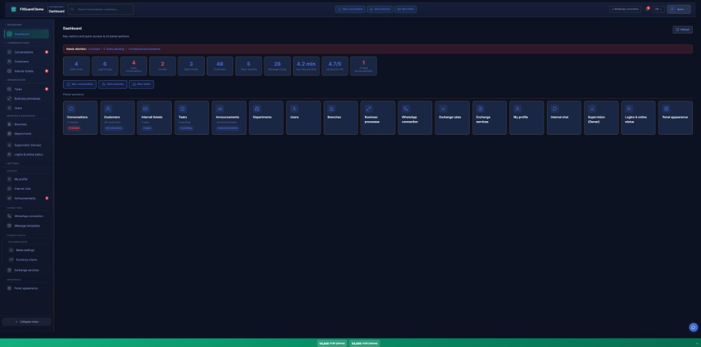 پنل FXGuard — چت واتساپ و نرخ در یک صفحه